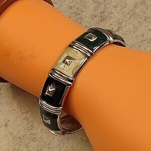Clamper Bangle Bracelet Black & White Enamel Rhinestones Hinged